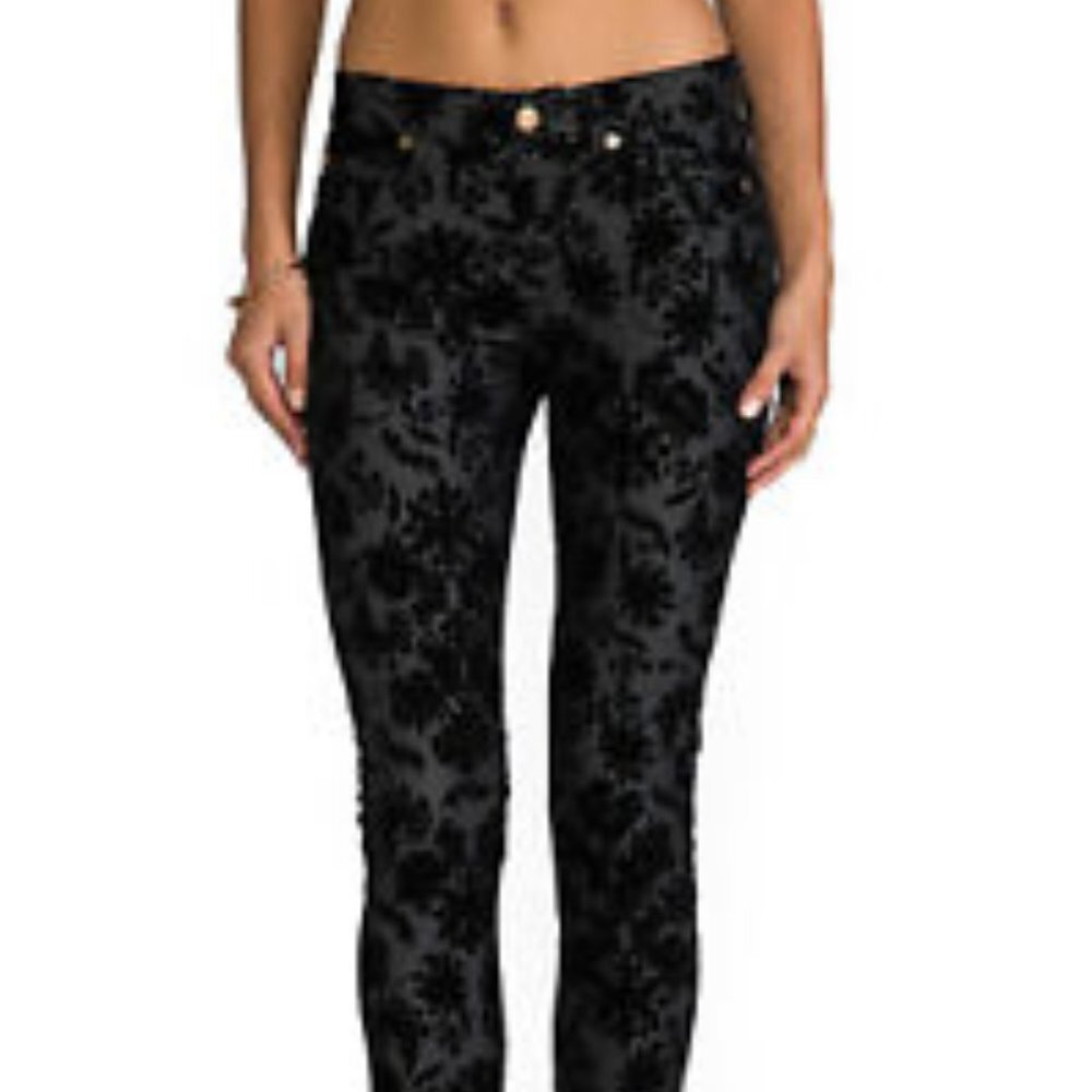 7 FOR ALL MANKIND Black Velvet Floral Flocked Denim Jeans Size 26